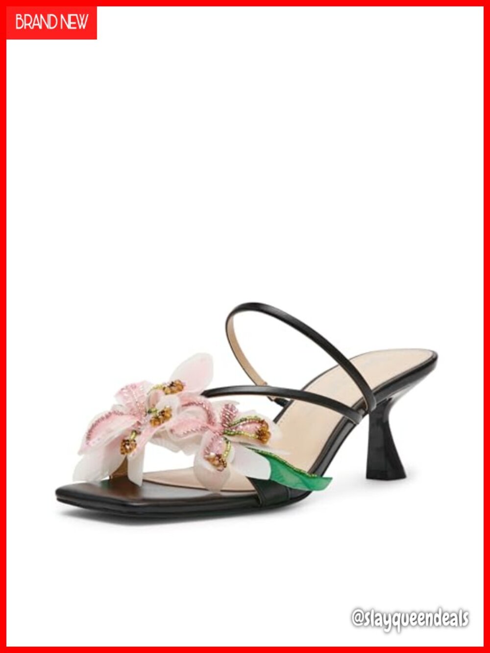 Womens Wells Kitten Heel Sandals Floral 3D Square Toe Slip On